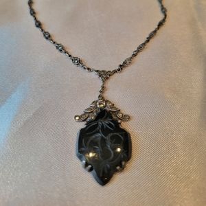 Vintage Art Deco Sterling Silver Black Onyx Marcasite Victorian Style Necklace